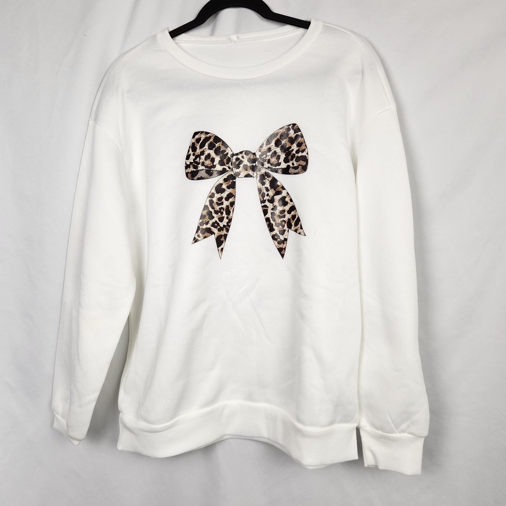 Womens Polyester Sweatshirt White with Leopard‎ Bow Size Large Warm Cozy Fleece